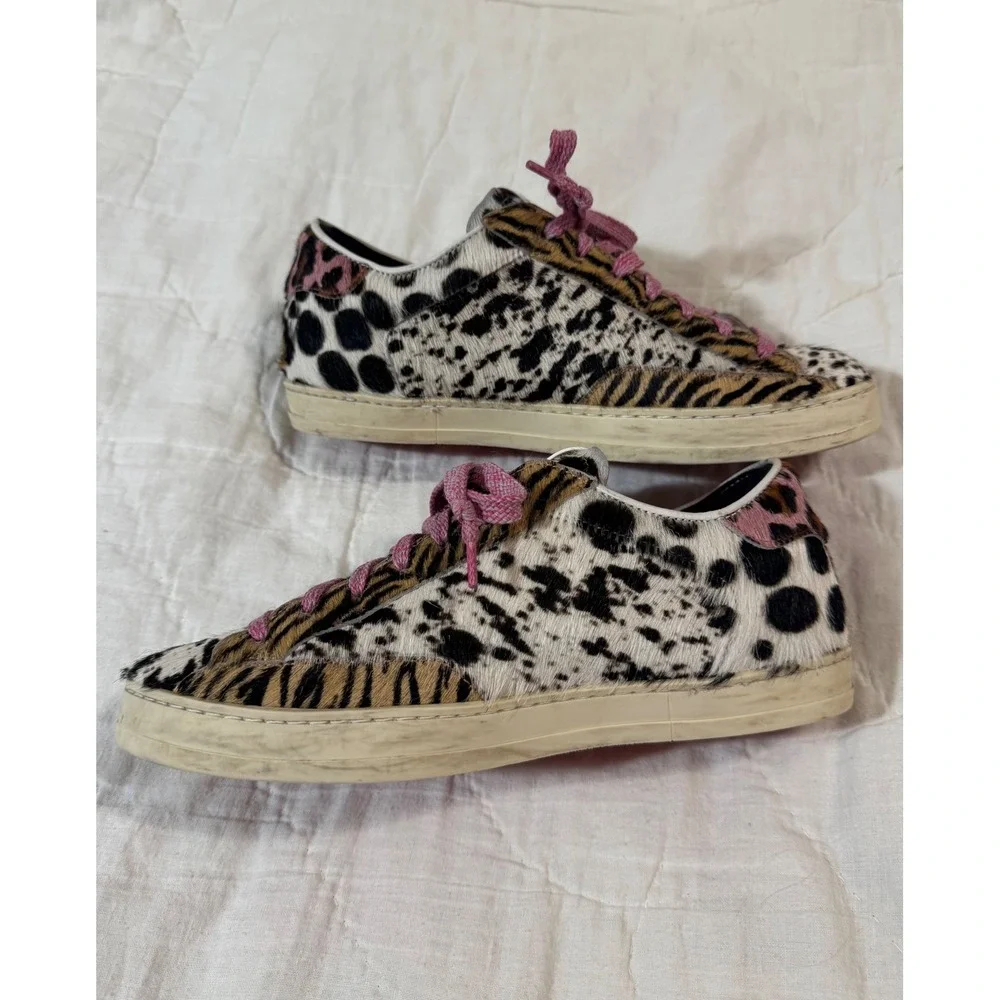 P448 John Animal Print Calf Hair Low Top Sneakers Multi Pattern Pink Laces 38